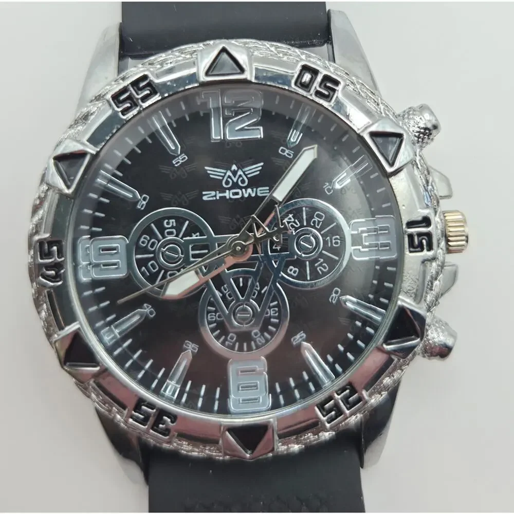 Zhowe Men's Quartz Sport Watch Black Silicone Rubber Band Analog Tested Works